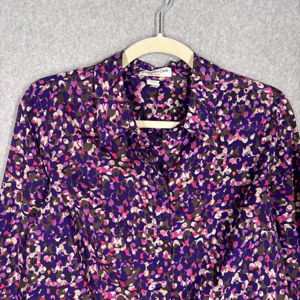 Coldwater Creek No Iron Button Shirt Medium Purple Abstract Floral Dots Cotton - Picture 2 of 12